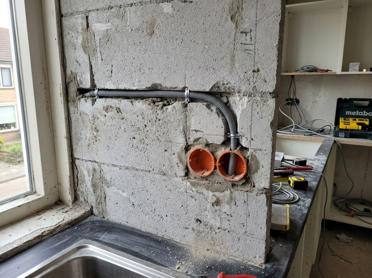 Ingefreesde sleuf en 2x dubbele inbouwdoos in betonwand boven kookeiland